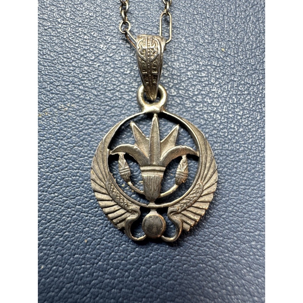 Vintage Egyptian Revival Lotus Winged Pendant Necklace Silver Tone Openwork